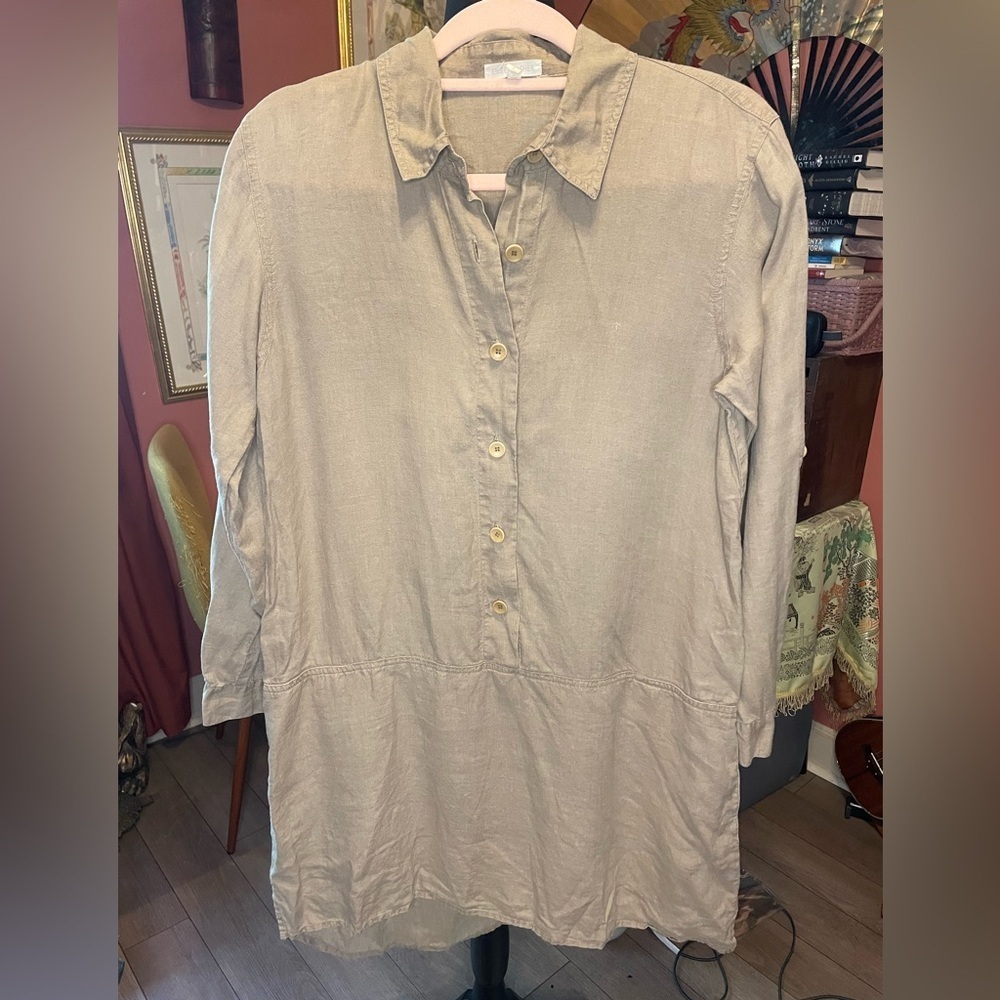 Eileen Fisher Light Brown Tan Irish Linen Mini Shirt Dress Small Retail $250.